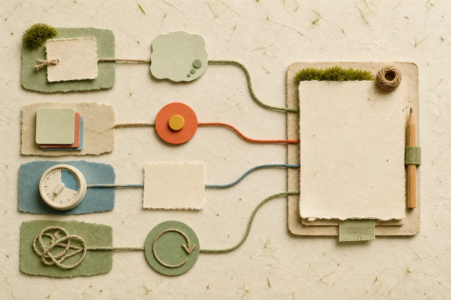 Four tactile paths show capture, choosing, a visible time boundary, and returning after a tangle converging on one daily page.