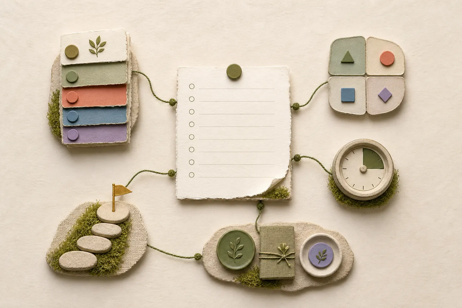 A central task page connected to categories, four priority outcomes, a timer, goal steps, and a compact reflection cluster.