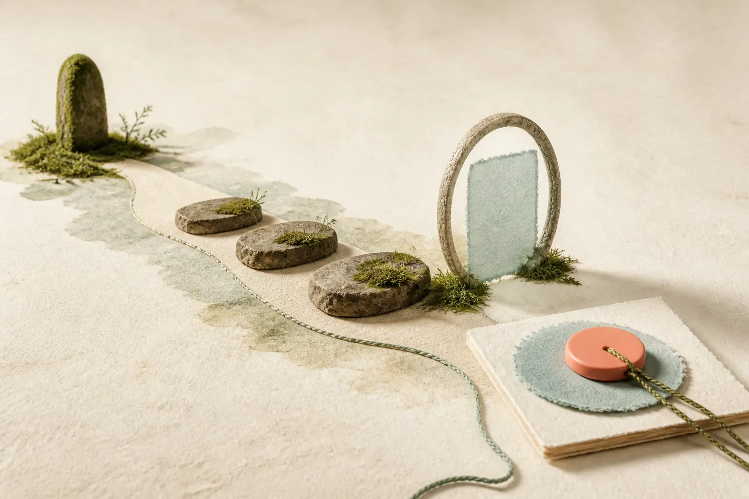 A broad moss-covered direction passes a finish boundary and three milestones before one coral action token reaches a Today card.