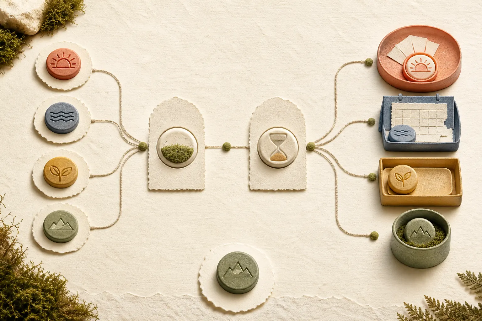 Four task tokens pass through consequence and time-pressure gates into distinct start, schedule, handoff, and removal destinations.
