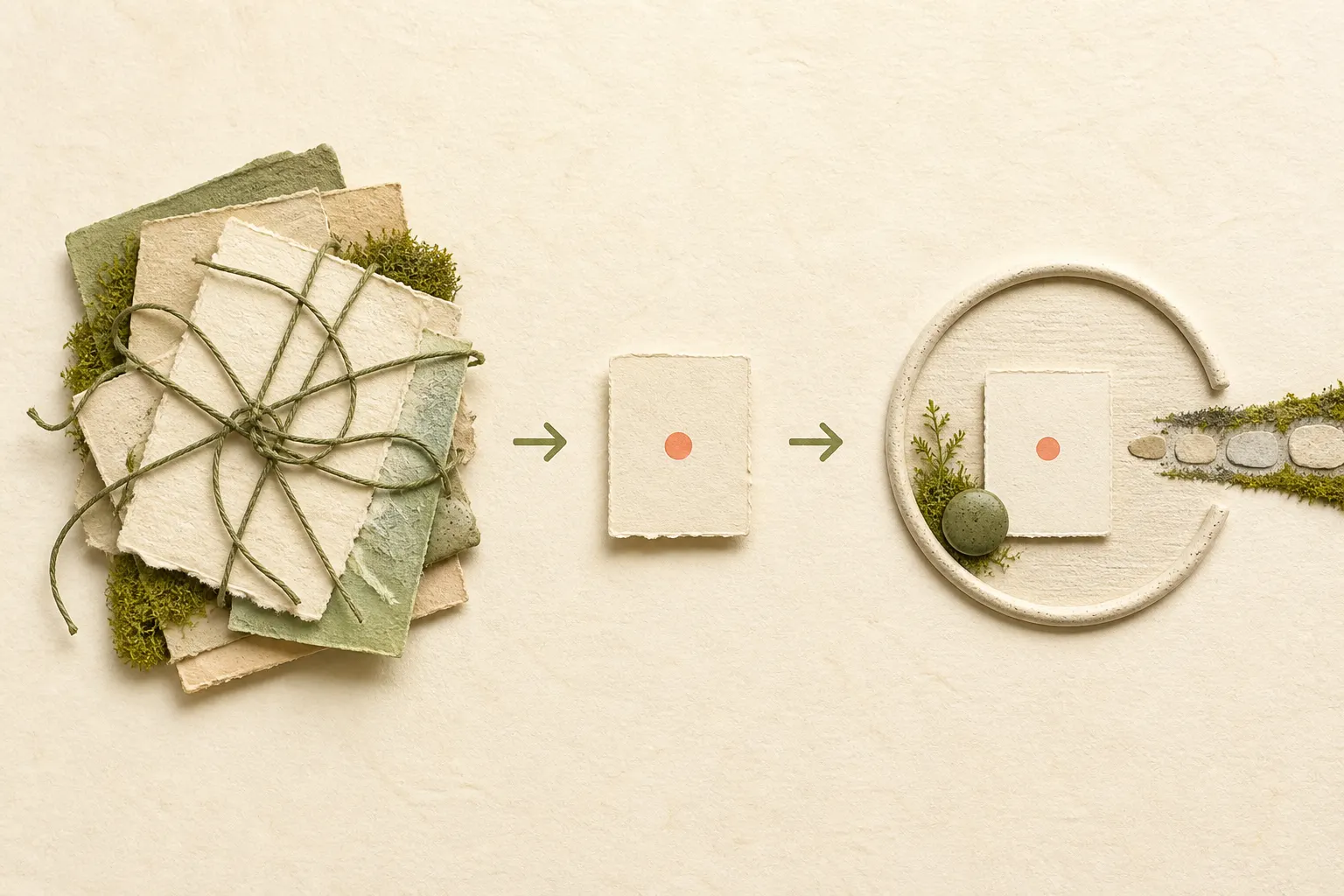 A tangled stack of project papers becomes one small action card, then enters a short open work boundary with an exit path.