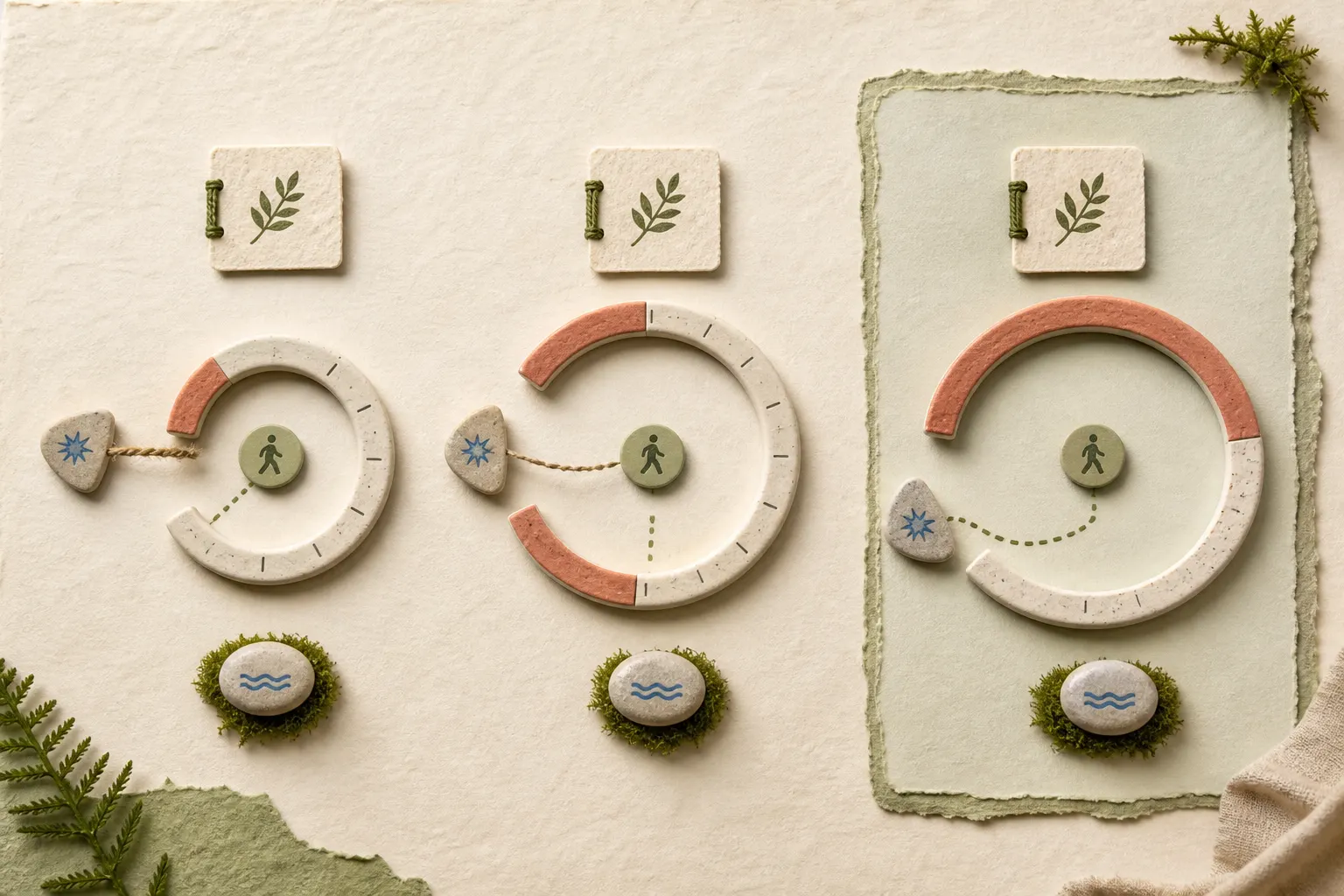 The same task is tested inside three work boundaries of different lengths, each paired with a deliberate rest stone.