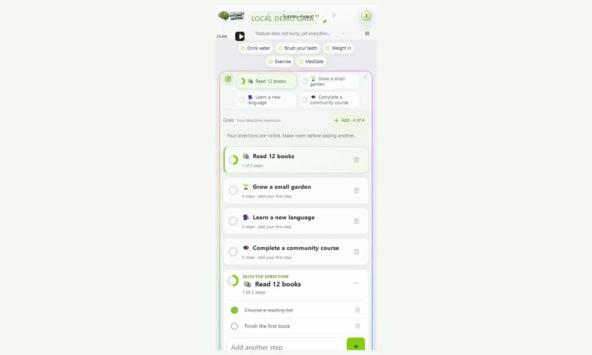 MossyMind mobile goals view showing four active goals, a selected goal, its progress ring, and concrete steps.