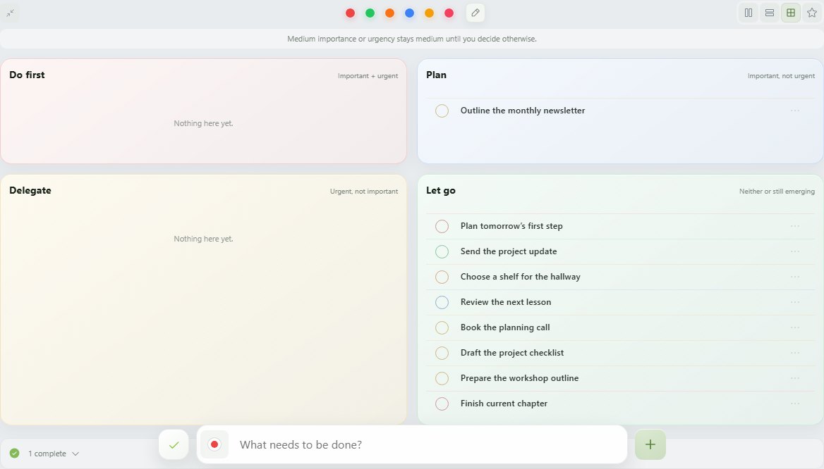 MossyMind priority view with four labeled areas: Do first, Plan, Delegate, and Let go.