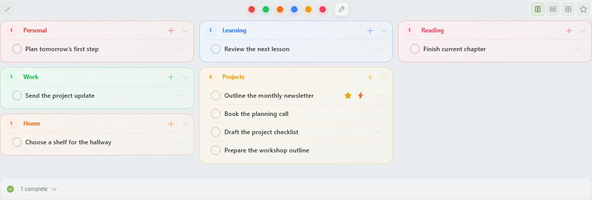 MossyMind Today view showing real category groups, a compact goal and habit strip, priority controls, and one shared capture dock.